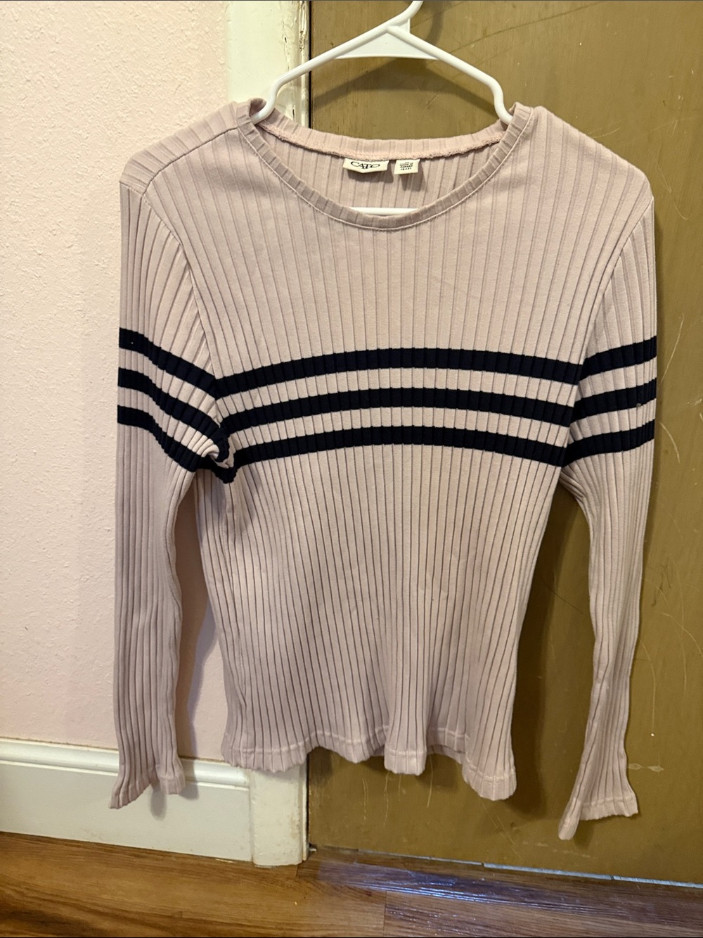 Cato Ribbed Long-Sleeve Top in Light Mauve with Black Stripes